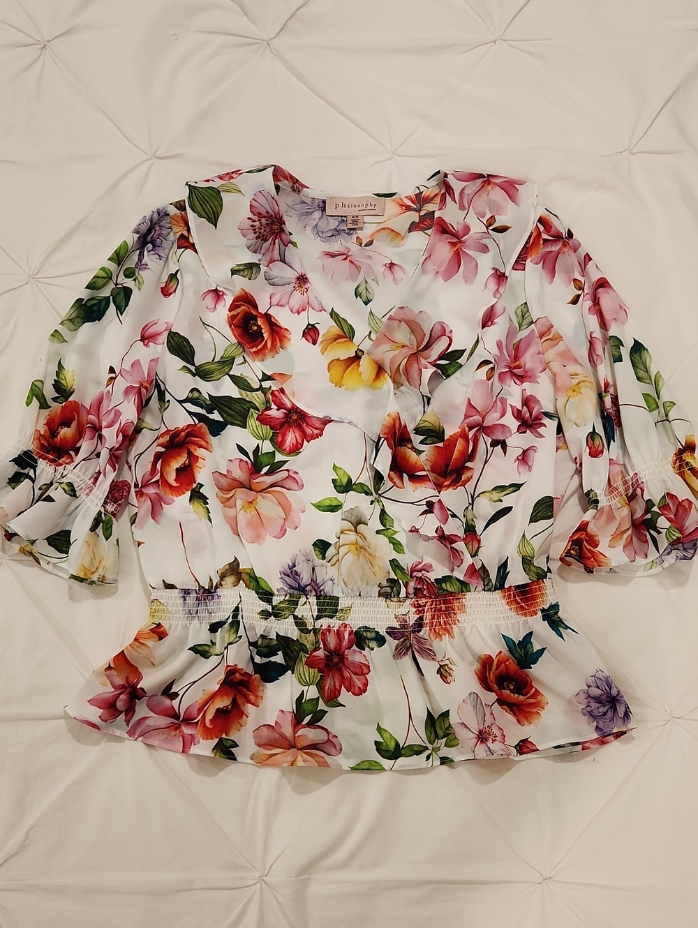 Philosophy Floral Smocked Peplum V-neck Blouse Size M - Picture 4 of 8